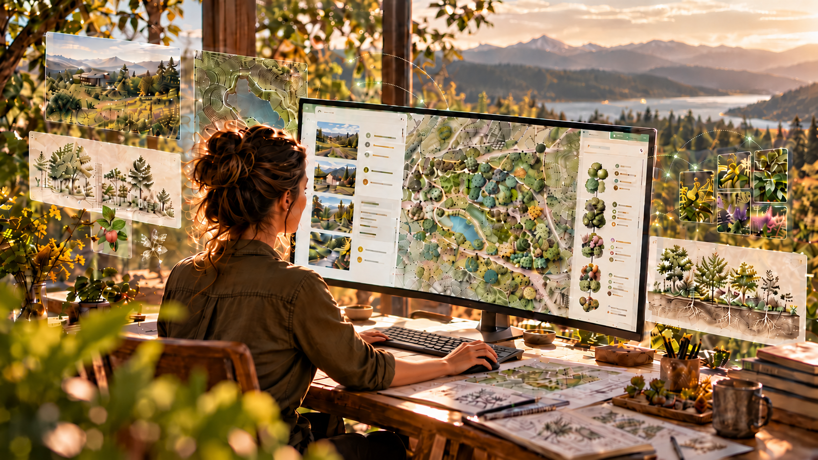 AI-assisted food forest design workspace with site planning, planting zones and ecological design tools